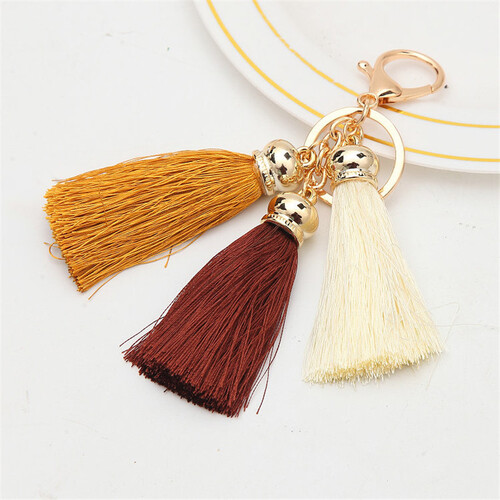 Key Chain/3 Tassels - Brown/Gold/Ivory