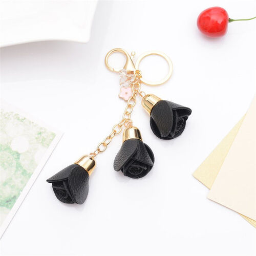 Key Chain/Leather Flowers - Black