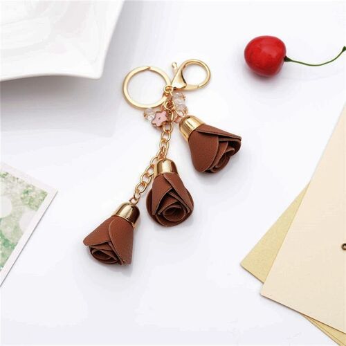 Key Chain/Leather Flowers - Brown