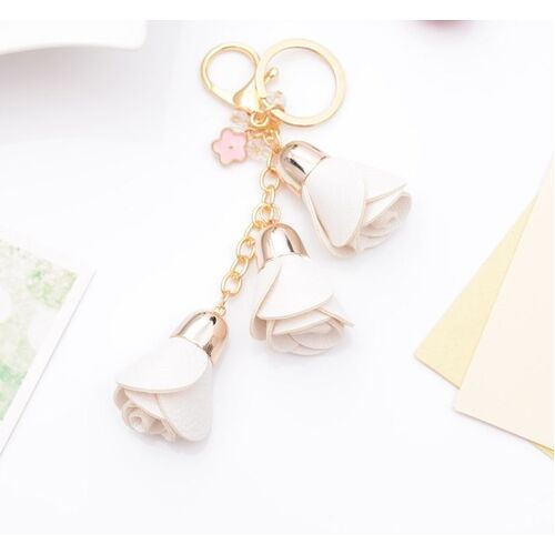 Key Chain/Leather Flowers - White